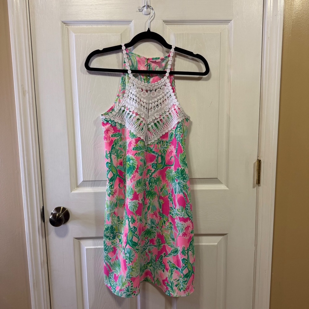 Lilly Pulitzer Pink Green Monkey Jungle Print Lace Halter Dress Womens 4